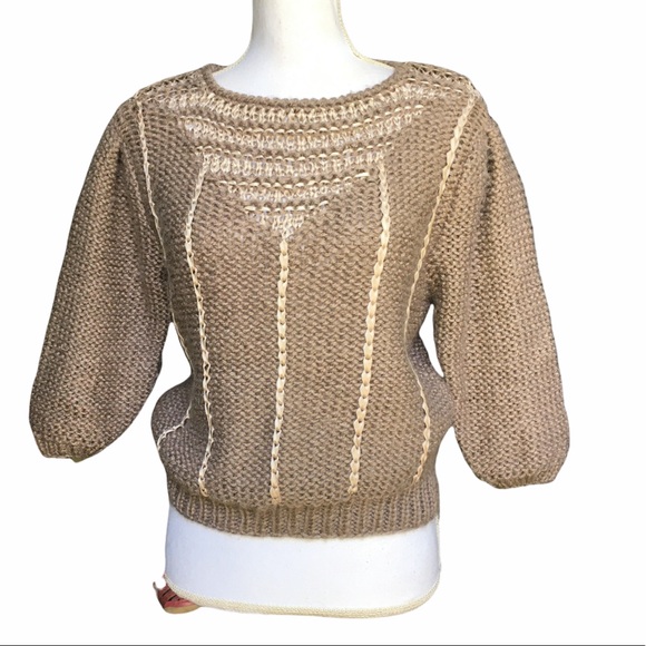 Vintage 80’s Puff Sleeve Ribbon-knit Taupe Sweater by Naomi Bee - Picture 11 of 12